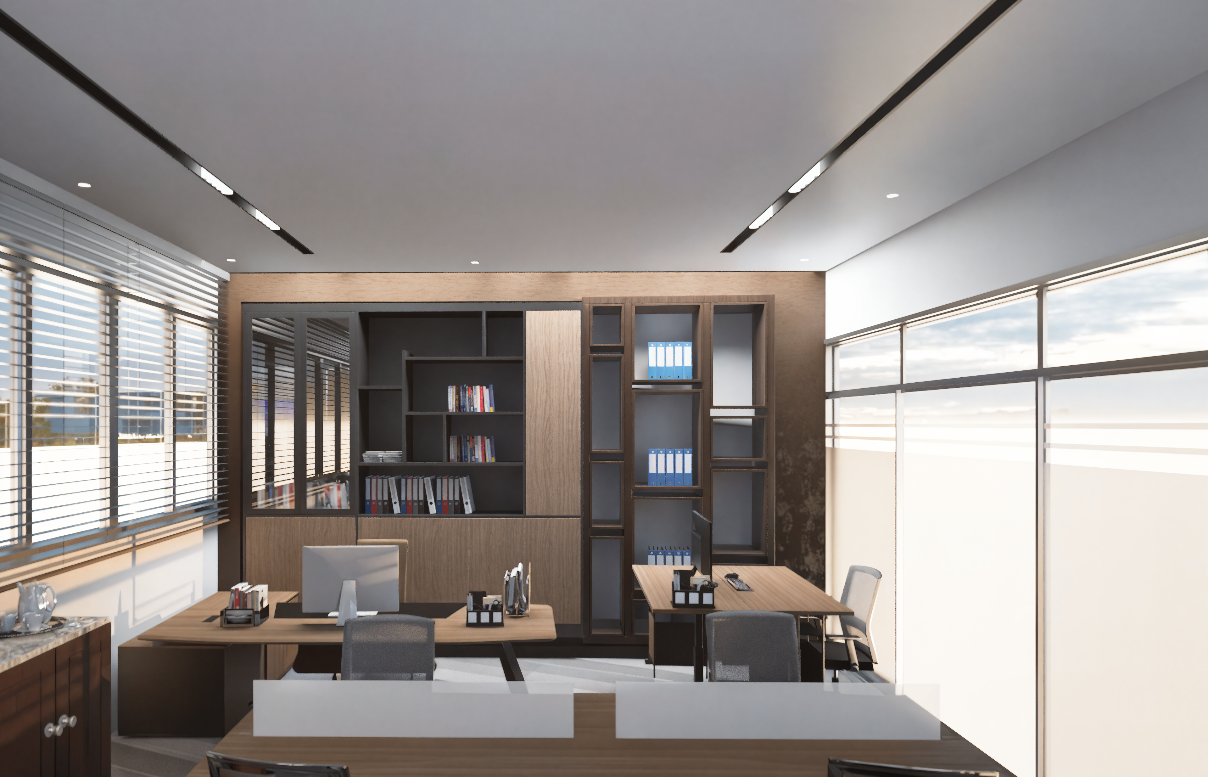 Executive office 3D render with wooden built-in shelving, modern desk and ambient lighting
