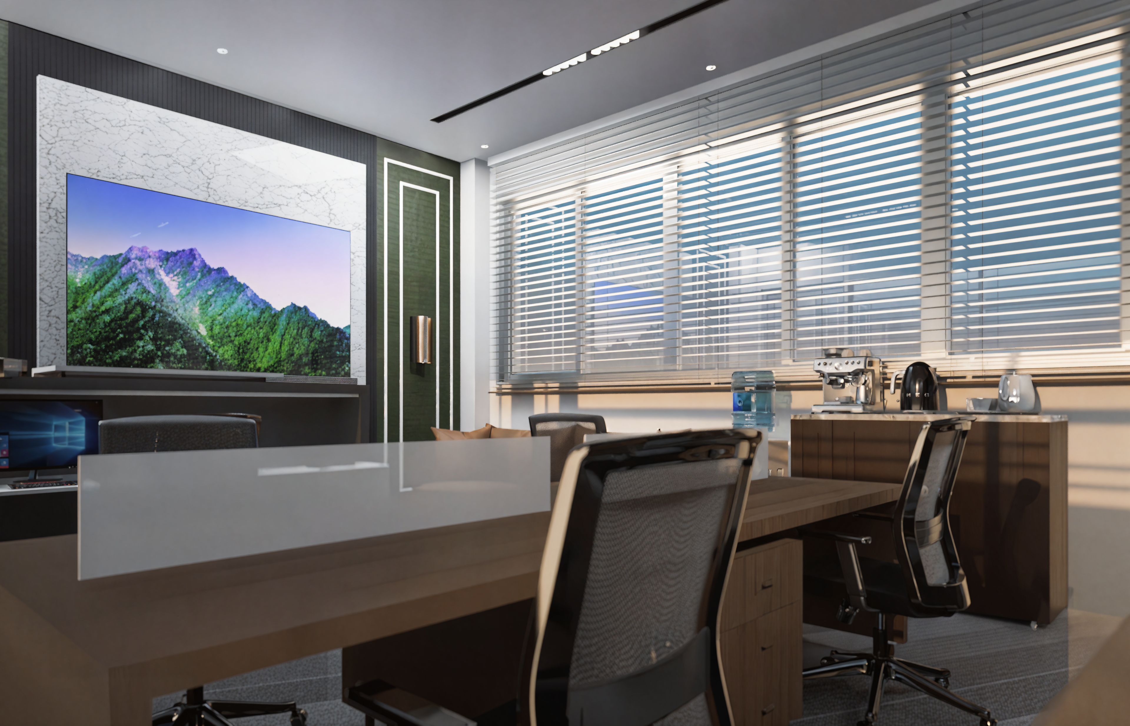 Executive meeting room with large display screen, conference table and venetian blinds