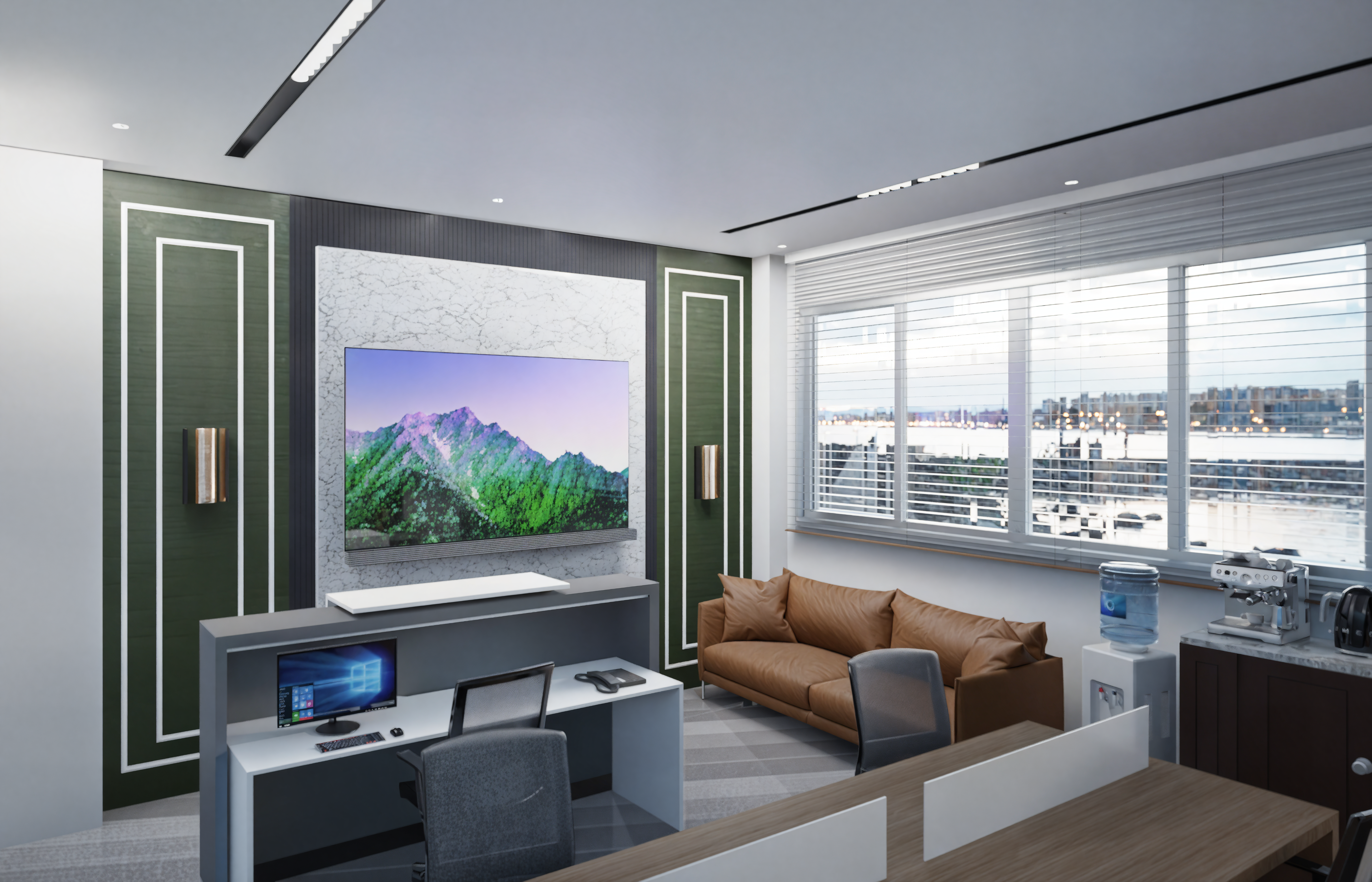 Executive lounge with wall-mounted TV, sofa seating area and modern entertainment unit