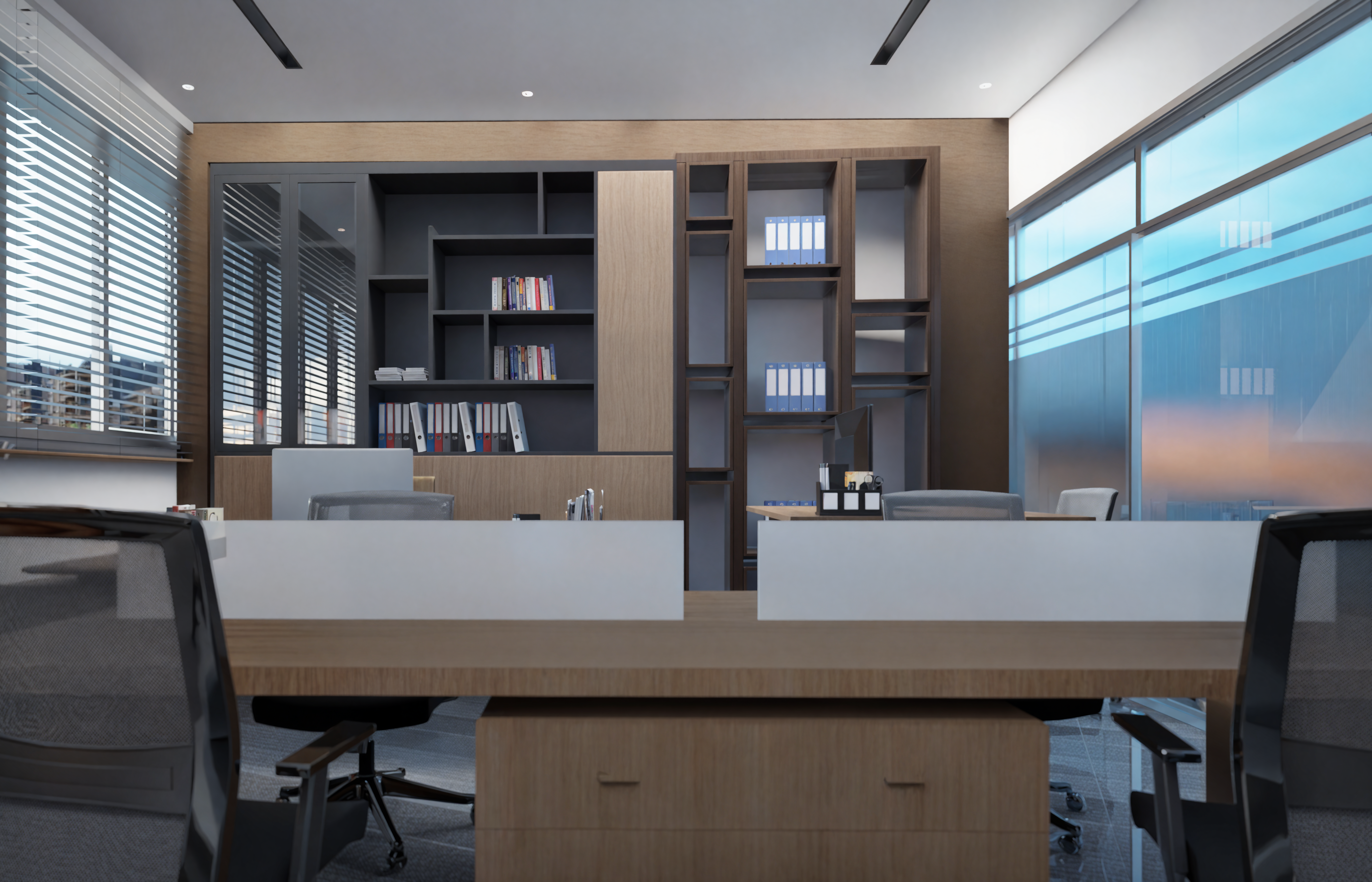 Open plan office render with workstations and built-in storage