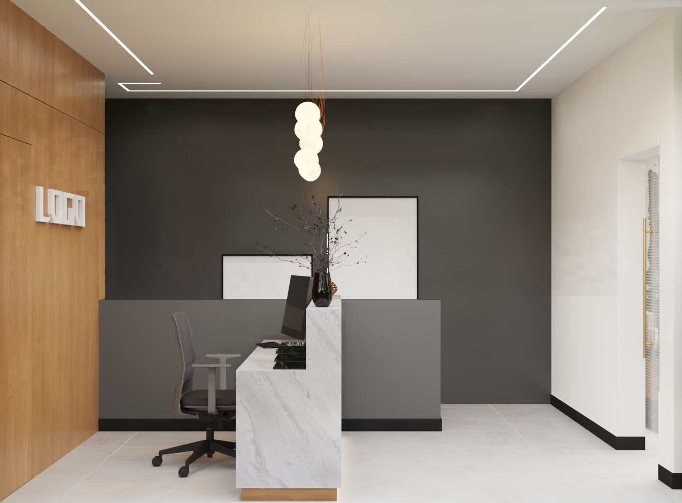 Ashara Homes - Modern reception area design with marble counter and contemporary lighting