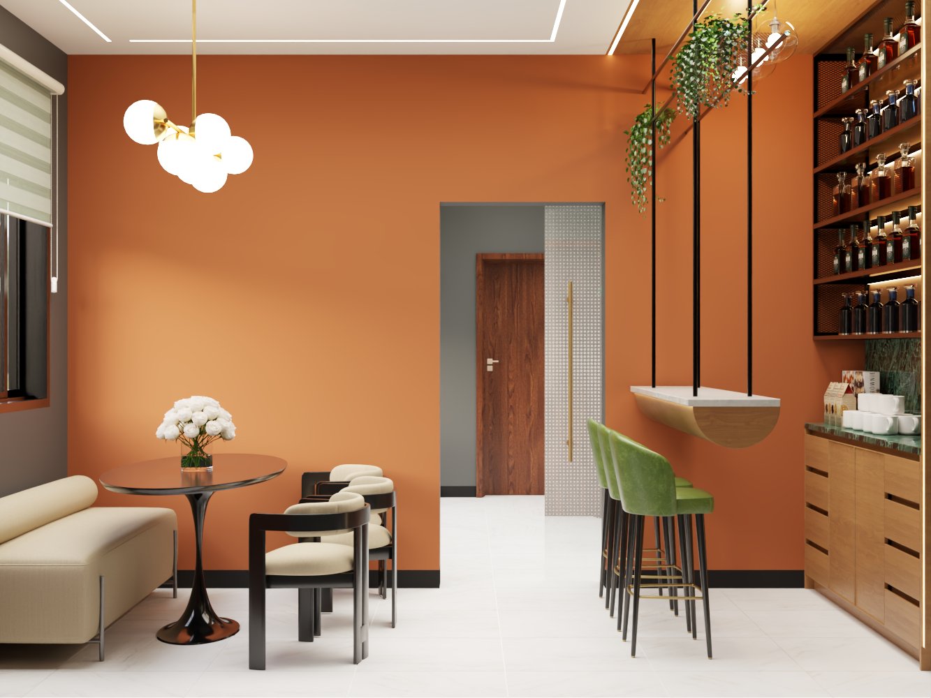 States and Squares - Contemporary bar and lounge area with warm orange accent walls, modern bar seating, and elegant lighting