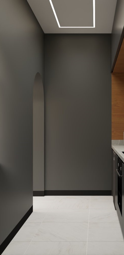 Office kitchen corridor with arched doorway and dark cabinetry